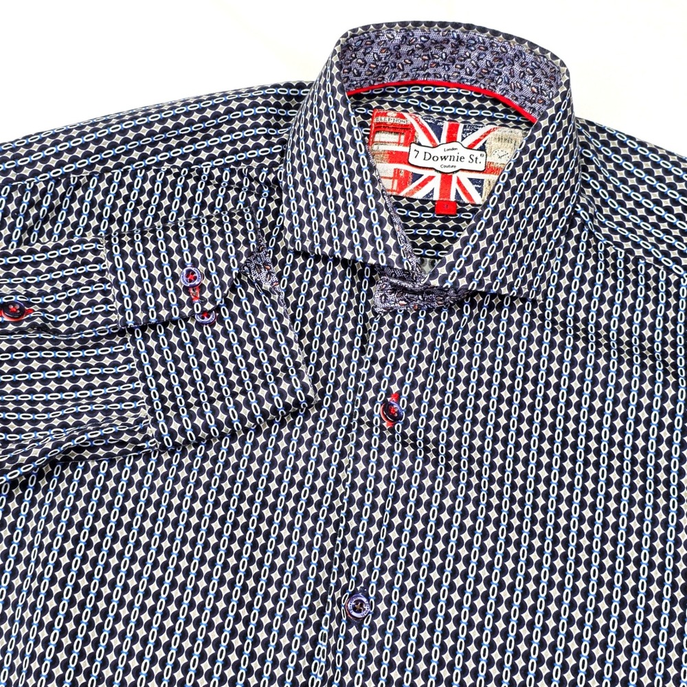 7 Downie St Shirt Men's Size 3 Medium Navy Blue Geometric London Couture Button